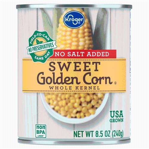 Kroger No Salt Added Whole Kernel Sweet Golden Corn 8.5 oz