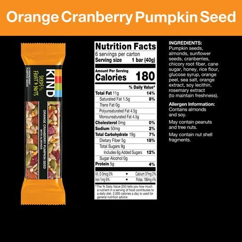 Kind Seeds Fruit & Nuts Snack Bar, Orange Cranberry | 5G Protein, High Fiber, Gluten Free Bars, 1.4 Oz, 6 Count