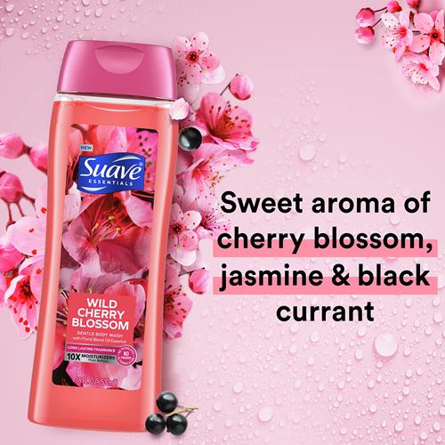 Suave Essentials Gentle Body Wash, With A Floral Oil Blend Essence, Wild Cherry Blossom Infused With Vitamin E & Cherry Extract 18 Oz