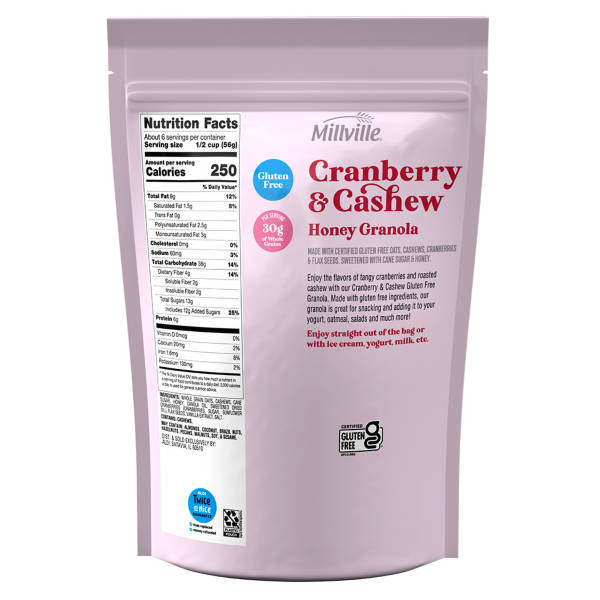 Millville Gluten Free Cranberry Cashew Honey Granola, 12 oz