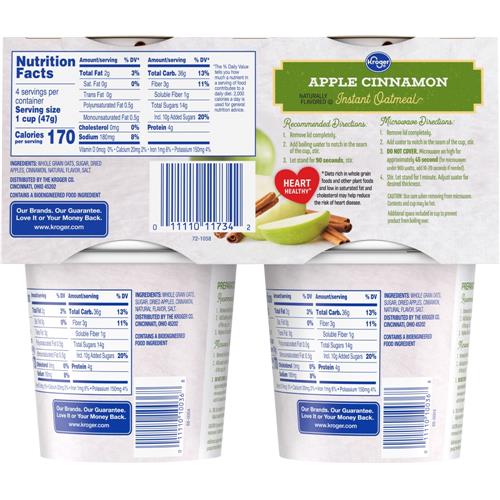 Kroger Apple Cinnamon Instant Oatmeal Cups 4 ct