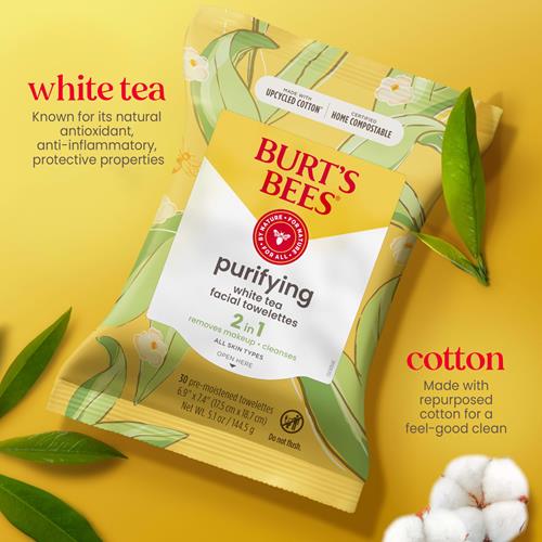 Burts Bees Purifying Facial Towelettes With White Tea, Pre-Moistened Towelettes For All Skin Types, 99.1 Percent Natural Origin Skin Care, 30 Ct. Package