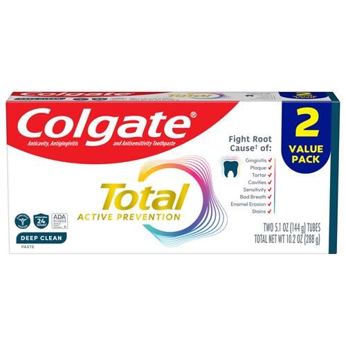 Colgate Total Active Prevention Deep Clean Toothpaste, Anticavity Fluoride Toothpaste, Clinically Proven Fluoride Formula Helps Fight Plaque Bacteria, Mint, 2 Pack, 5.1 Oz