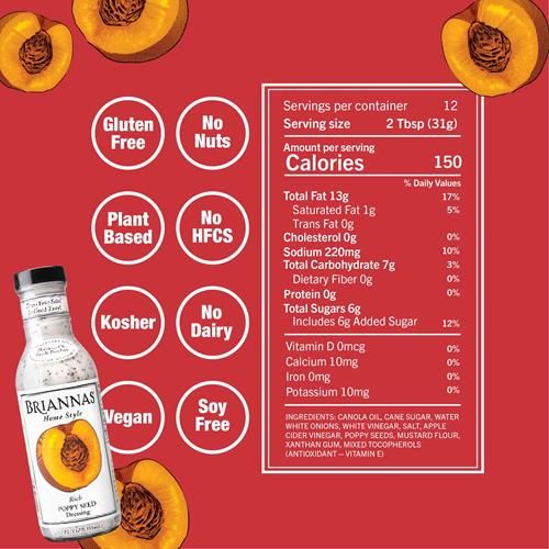 Briannas - Home Style Rich Poppy Seed Dressing – Fine Salad Dressing Made With Premium Ingredients - Gluten Free, Kosher, & Vegan Dressing - 12 Oz. Bottle