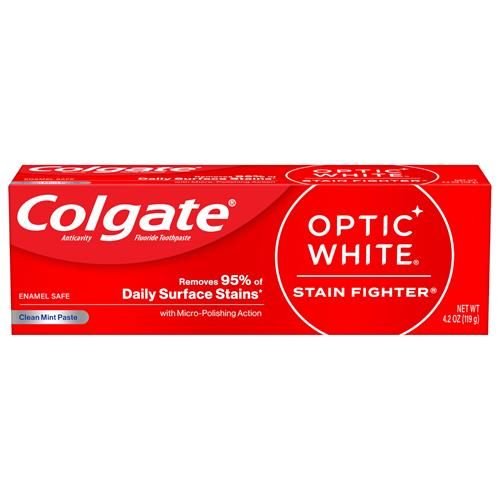 Colgate Optic White Stain Fighter Whitening Toothpaste, Clean Mint Flavor, Safely Removes Surface Stains, Enamel-Safe For Daily Use, Teeth Whitening Toothpaste With Fluoride, 4.2 Oz Tube