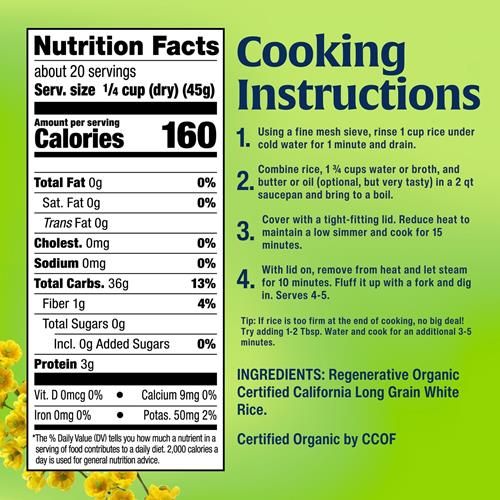 Lundberg White Rice, Regenerative Organic Certified – Non-Sticky, Aromatic Long Grain Rice, Responsibly Grown In California, 32 Oz
