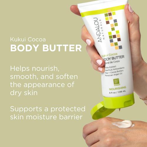 Andalou Naturals Body Butter, Kukui Cocoa Nourishing Body Cream, 8 Oz, Shea Butter, Cocoa Butter & Argan Oil For Dry Skin, Vegan