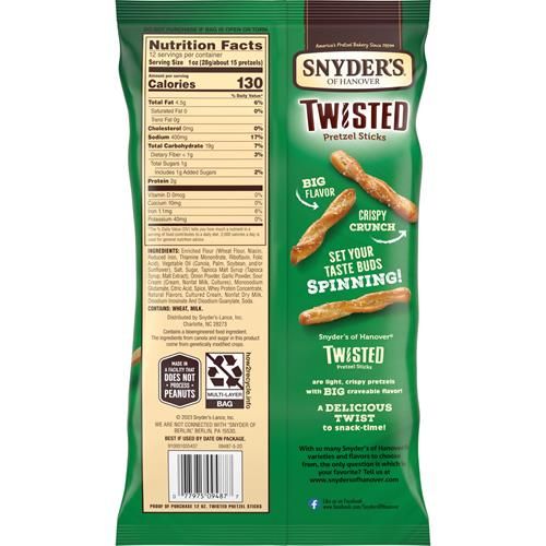 Snyders Of Hanover, Sour Cream & Onion Twisted Pretzel Sticks, 12 Oz Bag