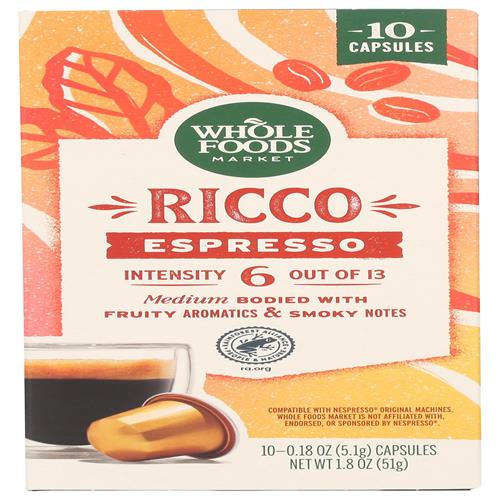 Whole Foods Market, Ricco Espresso Pods, Medium Bodied, 10 Count