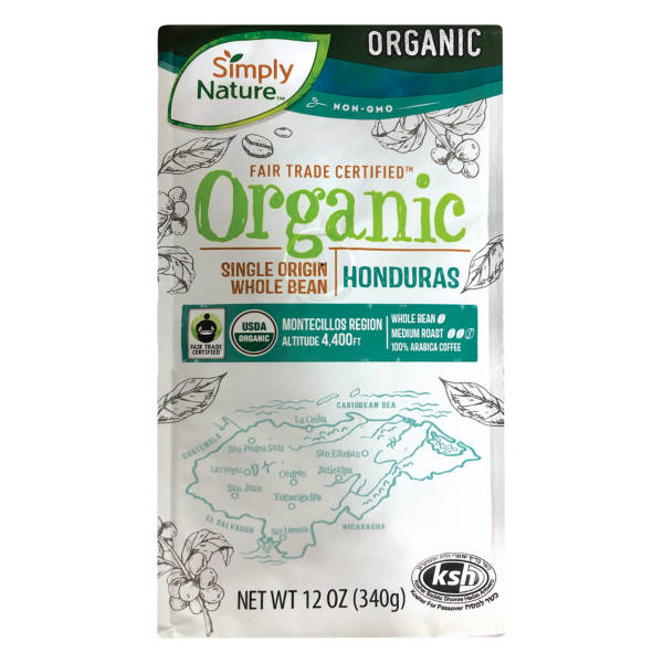 Simply Nature Organic Honduran Whole Bean Medium Roast Coffee, 12 oz