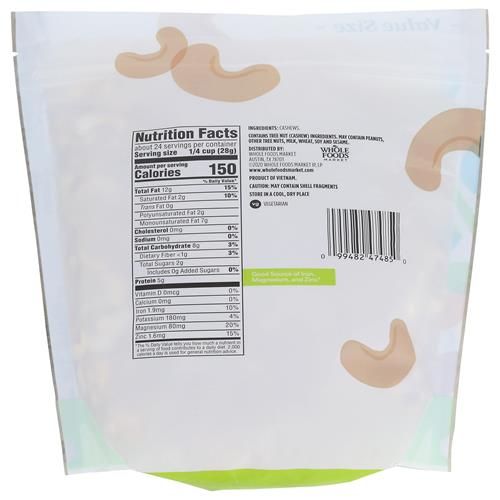 Whole Foods Market Cashews Unsalted & Unroasted, 24 Ounce