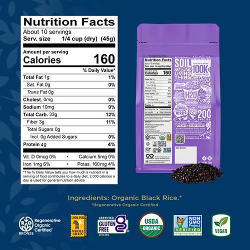 Lundberg Black Pearl Rice, Regenerative Organic Certified – Full-Bodied Black Rice, Responsibly Grown In California, 16 Oz