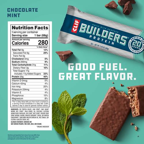 Clif Builders Protein Bar- Chocolate Mint Flavor - 20G Plant Based Protein - Gluten Free - Non-Gmo - Low Glycemic - No Artificial Sweeteners - 2.4 Oz.