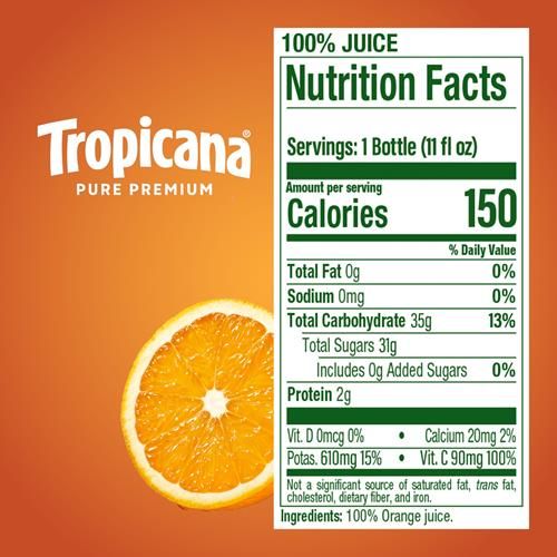 Tropicana Pure Premium 100% Orange Juice Original, No Pulp, Single Serve, 11 Fl Oz Bottle