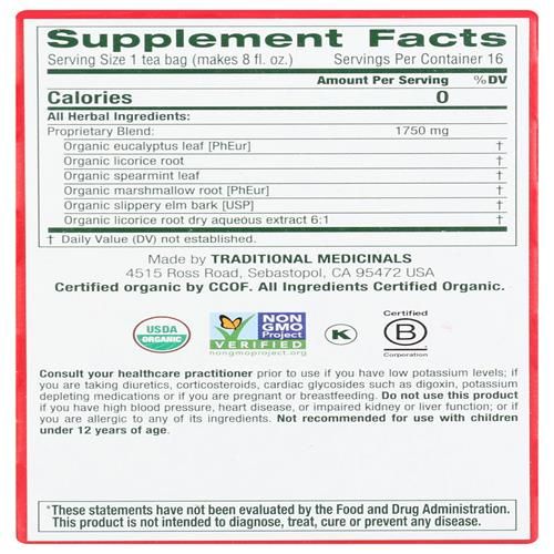 Traditional Medicinals, Tea Eucalyptus Throat Coat Organic, 16 Count