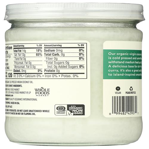 Whole Foods Market, Organic Unrefined Coconut Oil Virgin, 14 Fl Oz