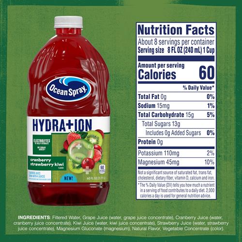 Ocean Spray Hydration Cranberry Strawberry Kiwi Juice Drink, Hydration Support Beverage With Electrolytes, 60 Fl Oz Bottle