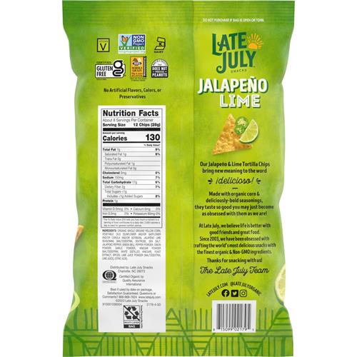 Late July Snacks Jalapeno Lime Tortilla Chips, 7.8 Oz Bag