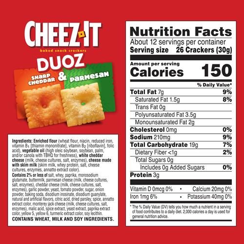 Cheez-It Duoz Baked Snack Crackers, Lunch Snacks, Sharp Cheddar And Parmesan, 12.4Oz Box (1 Box)