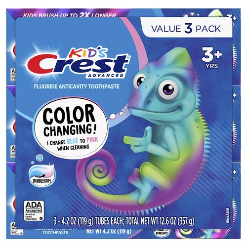 Crest Advanced Kids Fluoride Toothpaste, Bubblegum Flavor, 4.2 Oz, 3 Count, Color-Changing Anticavity Toothpaste