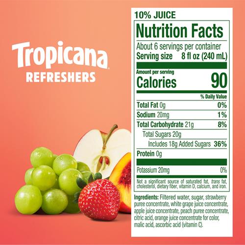 Tropicana Refreshers Strawberry Peach Juice Drink, With Real Fruit Juice, 46 Fl Oz Bottle