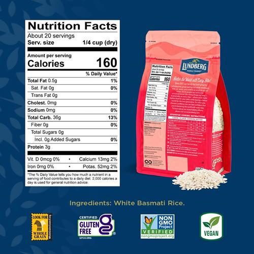 Lundberg Basmati Rice, Long Grain White Rice - Non-Sticky, Fluffy, Nutty, Aromatic Rice, Vegan Food, Healthy Meals, Gluten-Free Rice Grown In California, 32 Oz
