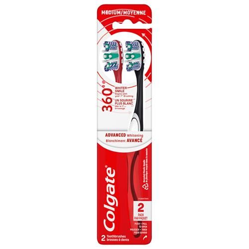 Colgate 360 Optic White Advanced Whitening Toothbrush, Adult Medium Toothbrush With Whitening Cups, Helps Whiten Teeth And Removes Odor Causing Bacteria, 2 Pack