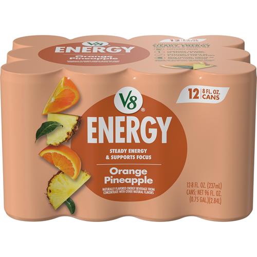 V8 +Energy Orange Pineapple Juice Energy Drink, 8 Fl Oz Can (12 Pack)