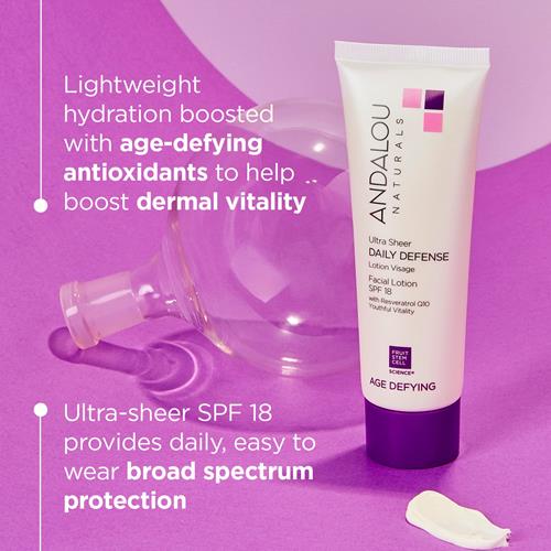 Andalou Naturals Ultra Sheer Daily Defense Facial Lotion, Spf 18, 2.7 Oz, With Resveratrol Coq10 And Antioxidants, Lightweight, Hydrating Facial Moisturizer
