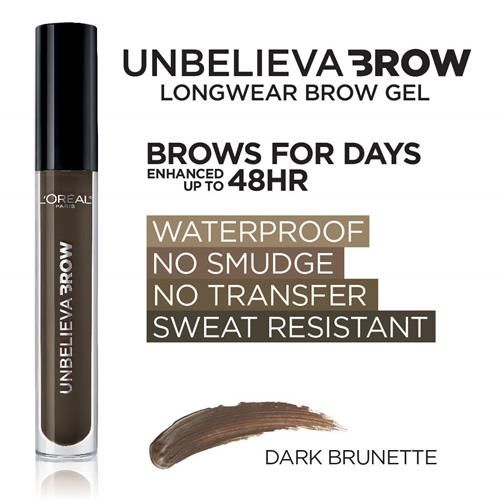 Loreal Paris Unbelieva-Brow Longwear Waterproof Tinted Brow Gel, Smudge-Resistant, Transfer- Proof, Quick Drying, Easy And Quick Application With Precise Brush, Dark Brunette, 0.15 Fl. Oz. - Pack