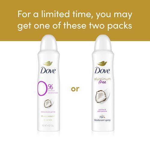 Dove 0% Aluminum Deodorant Spray Coconut & Pink Jasmine For 48 Hour Protection Aluminum Free Deodorant 4 Oz