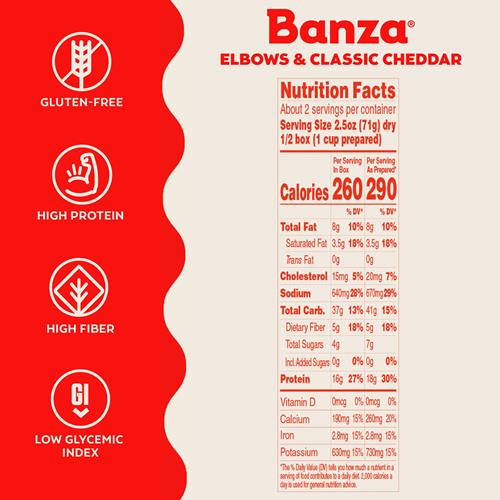 Banza Elbows & Classic Cheddar Mac And Cheese - High Protein, Gluten Free, And Lower Carb Protein Mac And Cheese - 5.5Oz