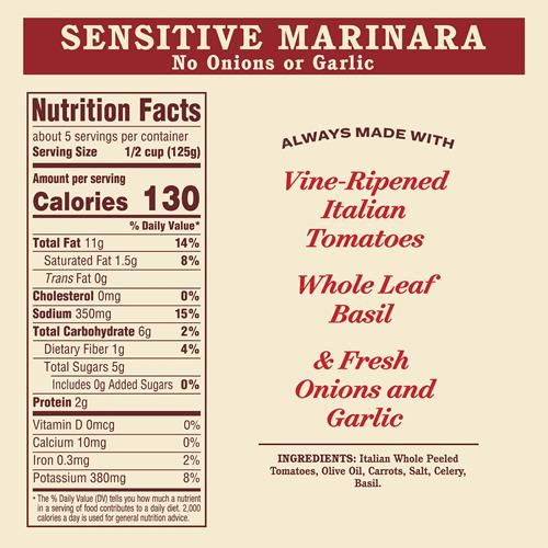 Raos Homemade Tomato Sauce, Sensitive Formula, 24 Oz, All Purpose, Tomato Sauce, Keto Friendly Pasta Sauce, Premium Quality Tomatoes From Italy, Olive Oil, And No Onions Or Garlic