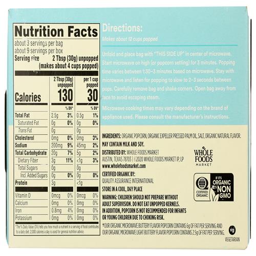 Whole Foods Market Organic Light Butter Microwave Popcorn, 9 Oz