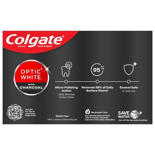 Colgate Optic White Charcoal Whitening Toothpaste, Cool Mint, Enamel-Safe With Fluoride, 2 Pack 4.2Oz Tubes
