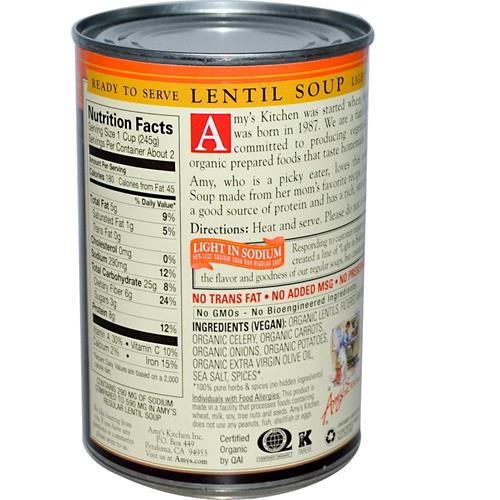 Amys Light In Sodium Organic Soups, Lentil, 14.5 Oz