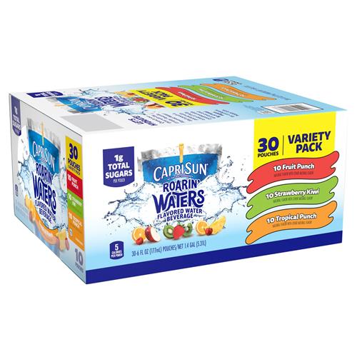 Capri Sun Roarin Waters Fruit Punch, Strawberry Kiwi & Tropical Punch Flavored With Other Natural Flavor Water Beverage, 30 Ct Box, 6 Fl Oz Drink Pouches