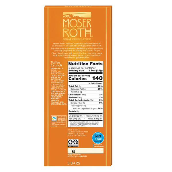 Moser Roth Toffee Crunch Chocolate Bar, 4.4 oz