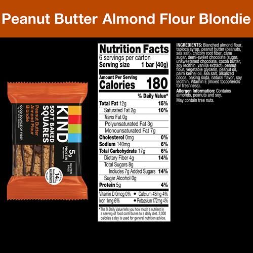 Kind Soft Baked Squares, Peanut Butter Almond Flour Blondie, Healthy Snack Bars, Gluten Free, 5G Protein, 6 Count