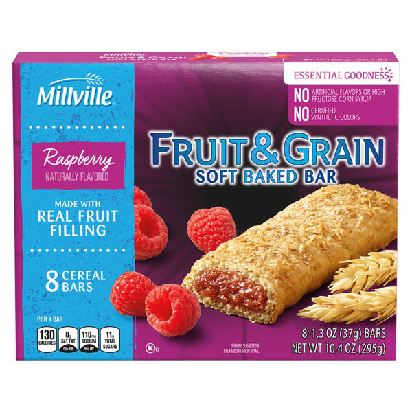 Millville Raspberry Fruit and Grain Cereal Bars, 8 count
