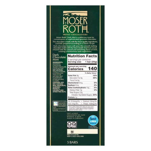 Moser Roth Dark Mint Chocolate Bar, 4.4 oz