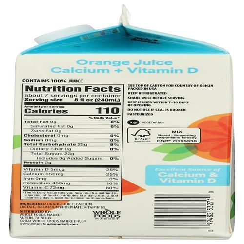 Whole Foods Market, Orange Juice With Calcium And Vitamin D, 52 Fl Oz