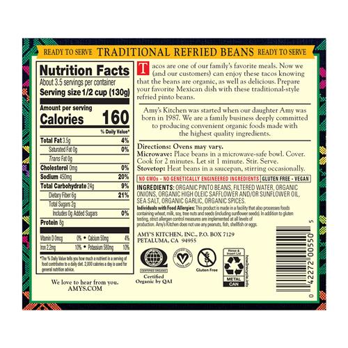 Amys Organic Refried Beans Canned, Traditional Refried Beans, Vegan Gluten Free And Vegetarian, 15.4 Oz