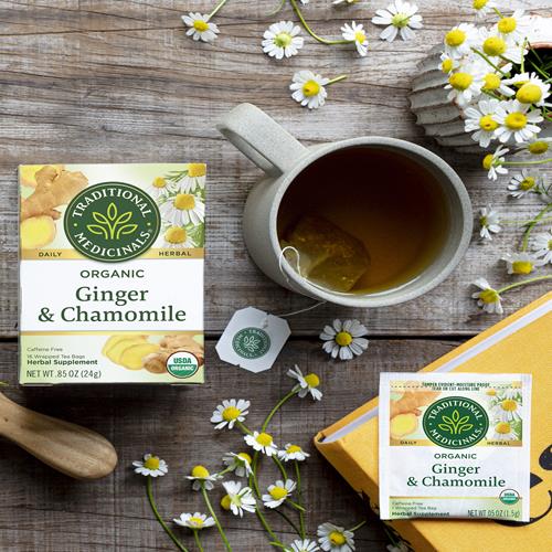 Traditional Medicinals Organic Ginger & Chamomile Herbal Tea, Relieves Occasional Indigestion Or Nausea, (Pack Of 1) - 16 Tea Bags