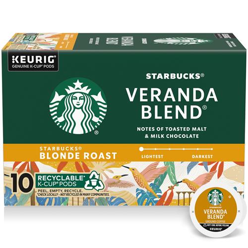 Starbucks K-Cup Coffee Pods, Starbucks Blonde Roast Coffee, Veranda Blend, 100% Arabica, 1 Box (10 Pods)