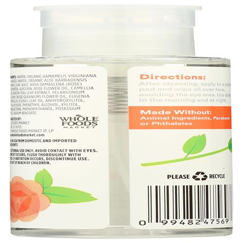 Whole Foods Market Facial Toner With Witch Hazel And Aloe Vera, Rose Petal, 8.45 Fl Oz