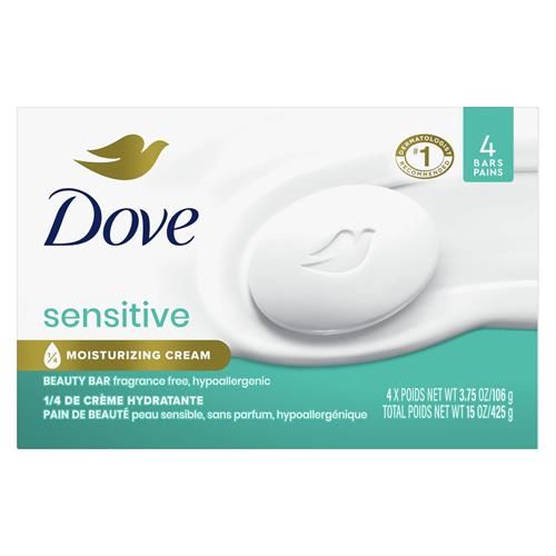Dove Beauty Bar Soap Sensitive, 4 Bars For Sensitive Skin, Fragrance Free And Hypoallergenic 3.75 Oz