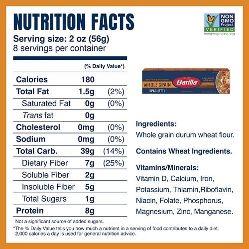 Barilla Whole Grain Spaghetti, 16 Oz. Box - Non-Gmo Pasta Made With 100% Whole Grain Durum Wheat - Great Source Of Fiber