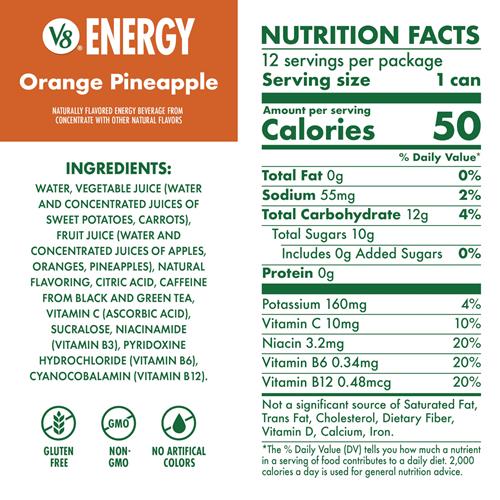 V8 +Energy Orange Pineapple Juice Energy Drink, 8 Fl Oz Can (12 Pack)