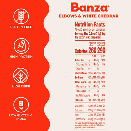 Banza Elbows & White Cheddar Mac And Cheese - High Protein, Gluten Free, And Lower Carb Protein Mac And Cheese - 5.5Oz